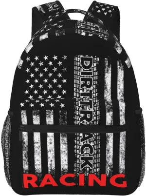 Dirt Track Racing American Flag Backpack Casual Pack Bag Laptop Backpack With Side Pocket Front Zipper Pocket Bookpack Travel Daypack Picnic Rucksack