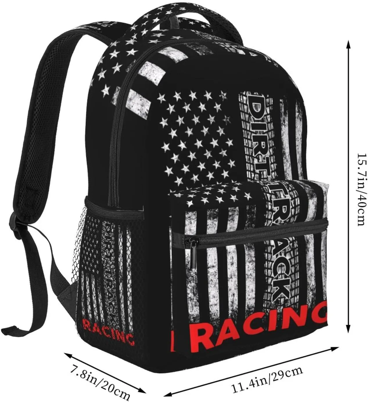 Dirt Track Racing American Flag Backpack Casual Pack Bag Laptop Backpack With Side Pocket Front Zipper Pocket Bookpack Travel Daypack Picnic Rucksack