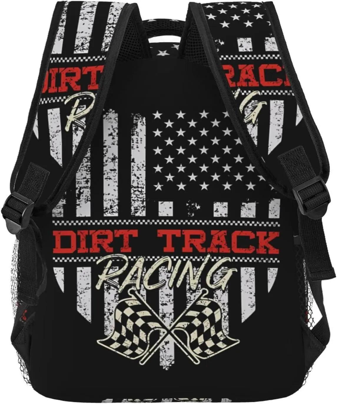 Dirt Track Racing American Flag Backpack Casual Pack Bag Laptop Backpack With Side Pocket Front Zipper Pocket Bookpack Travel Daypack Picnic Rucksack