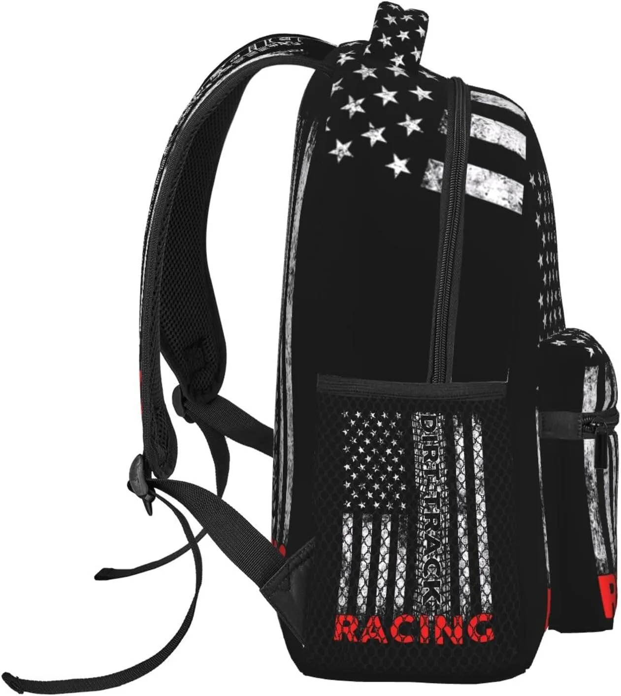 Dirt Track Racing American Flag Backpack Casual Pack Bag Laptop Backpack With Side Pocket Front Zipper Pocket Bookpack Travel Daypack Picnic Rucksack