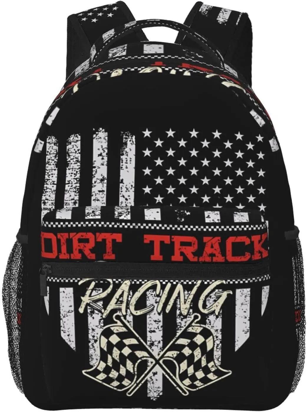 Dirt Track Racing American Flag Backpack Casual Pack Bag Laptop Backpack With Side Pocket Front Zipper Pocket Bookpack Travel Daypack Picnic Rucksack