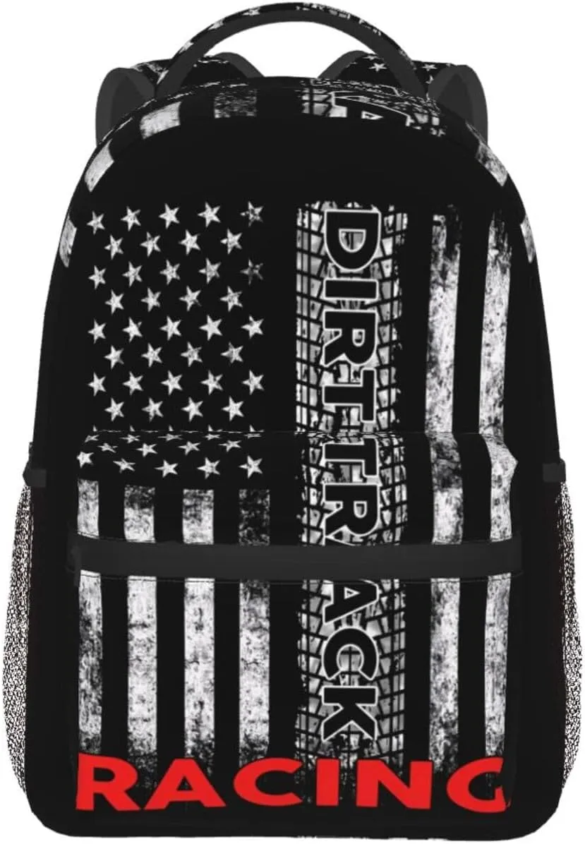Dirt Track Racing American Flag Backpack Casual Pack Bag Laptop Backpack With Side Pocket Front Zipper Pocket Bookpack Travel Daypack Picnic Rucksack