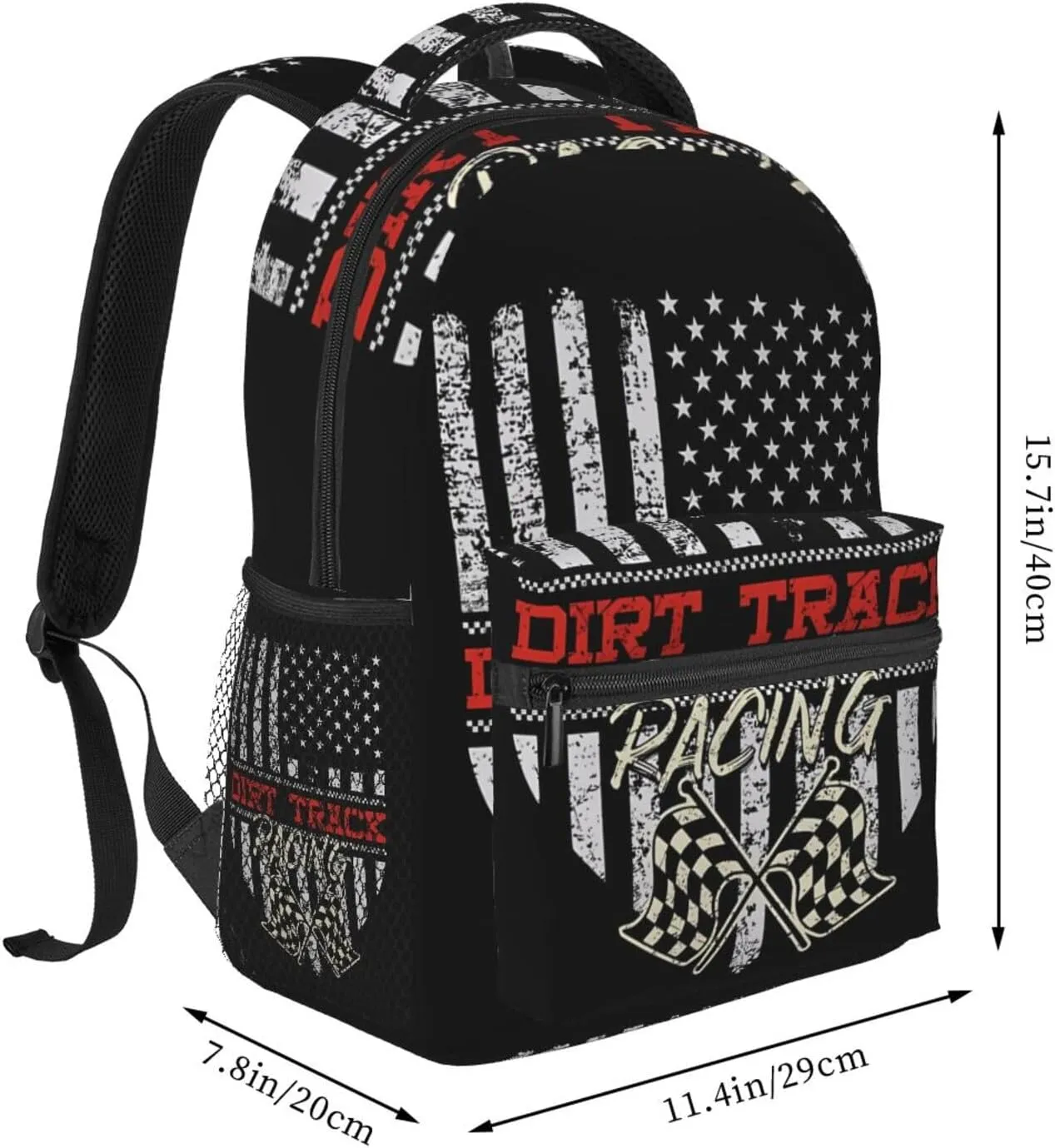 Dirt Track Racing American Flag Backpack Casual Pack Bag Laptop Backpack With Side Pocket Front Zipper Pocket Bookpack Travel Daypack Picnic Rucksack