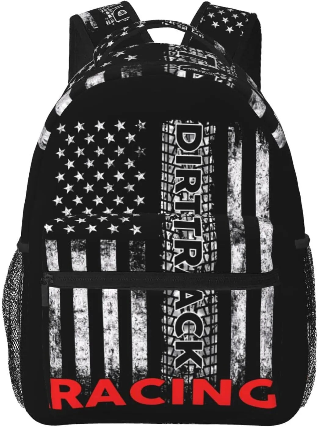 Dirt Track Racing American Flag Backpack Casual Pack Bag Laptop Backpack With Side Pocket Front Zipper Pocket Bookpack Travel Daypack Picnic Rucksack