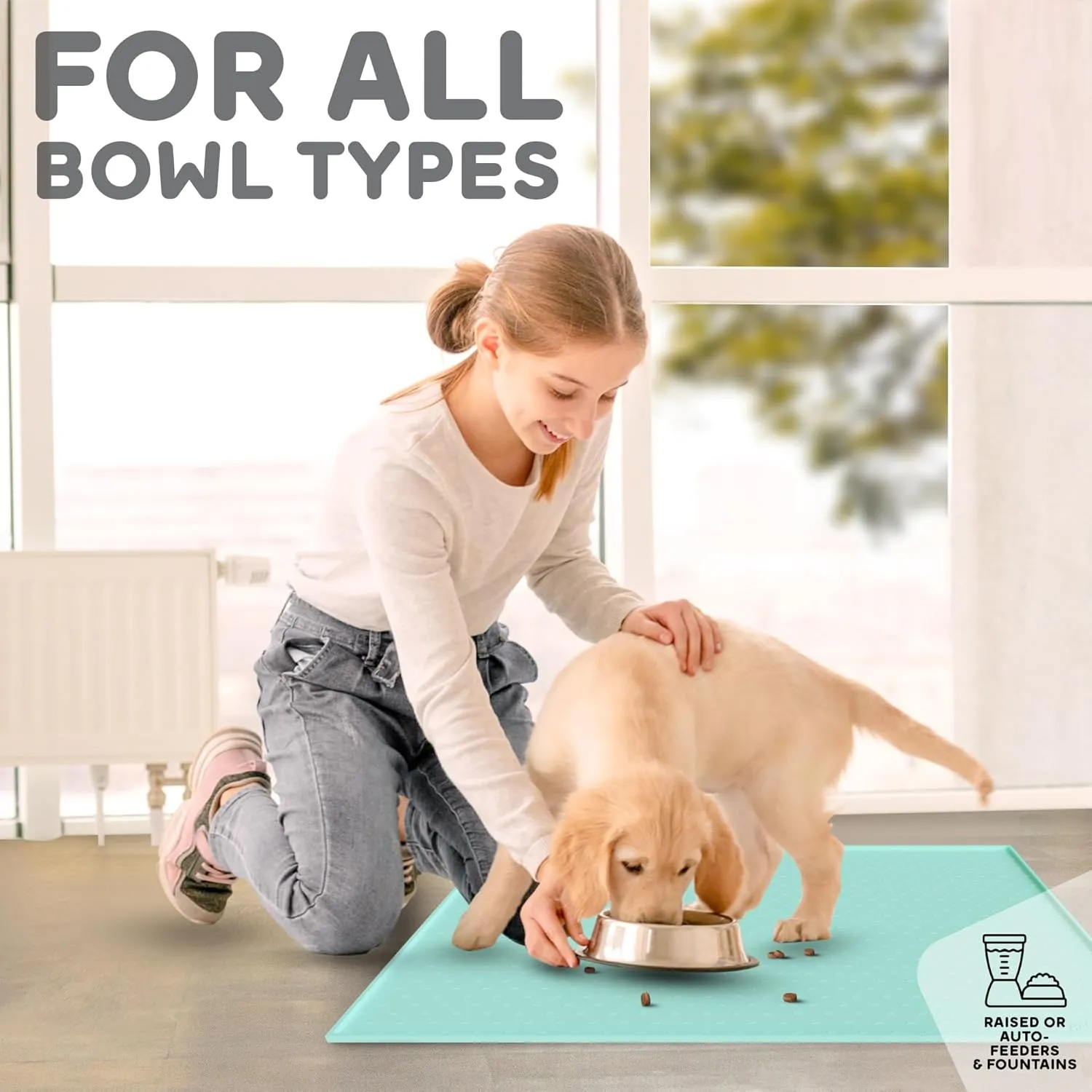 Dog Food Mat - Raised Edges Dog Mat for Food and Water Prevent Spill, Waterproof Cat Food Mat Protect Floors, Easy Clean Dog Bowl Mats for Food and Water, Silicone Pet Food Mat with E-Book