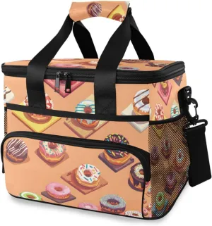 Donut Dessert Doodle Cooler Bag Insulated Cooler Soft Sided Cooler 24 Can Portable Picnic Bag Large Leakproof Lunch Bag Box for Beach Grocery Camping Travel Car Men Women