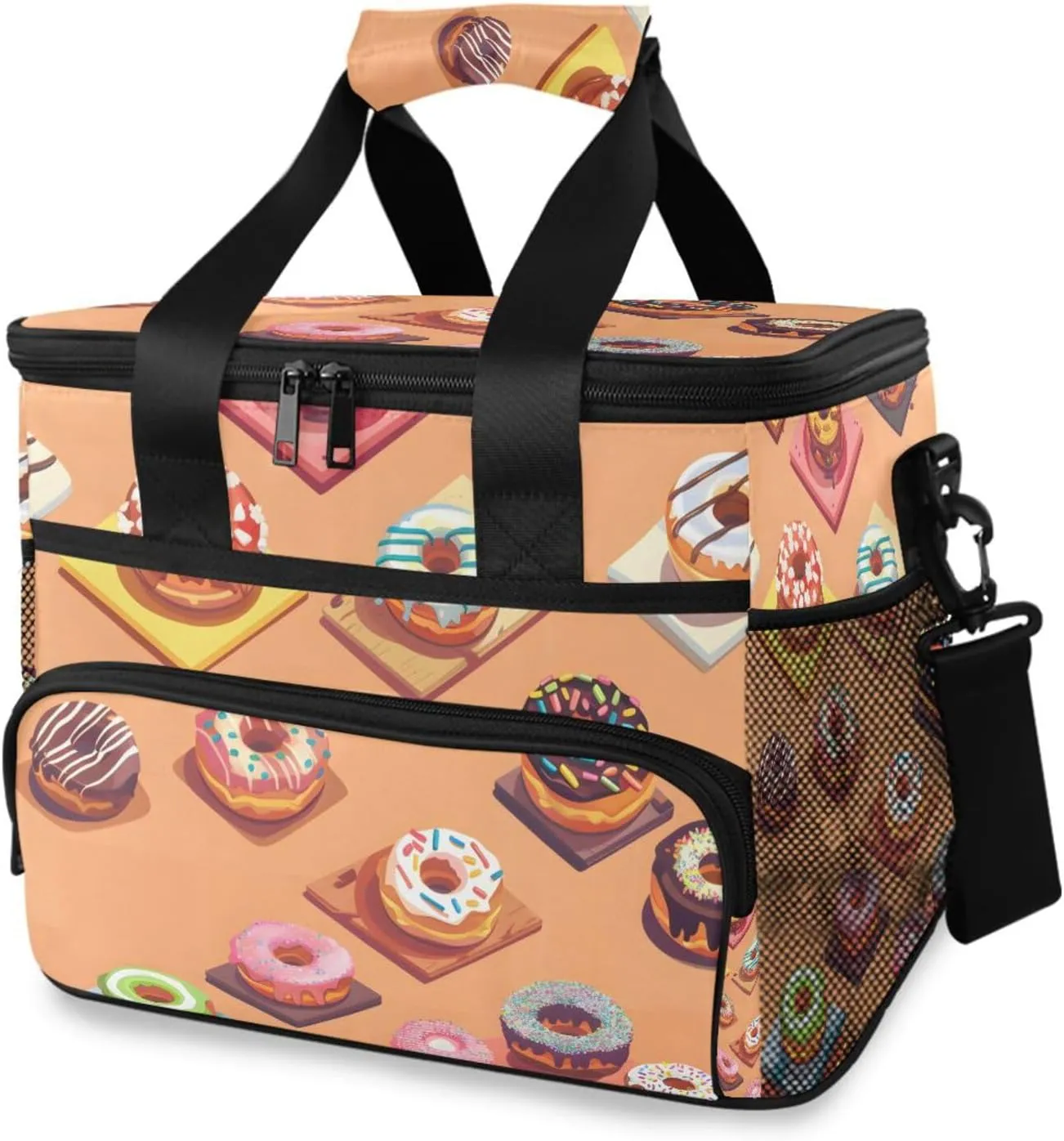 Donut Dessert Doodle Cooler Bag Insulated Cooler Soft Sided Cooler 24 Can Portable Picnic Bag Large Leakproof Lunch Bag Box for Beach Grocery Camping Travel Car Men Women
