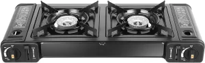 Double Burner Butane Stove Portable Camping Stove with Storage Case and Grill Tray, Voltage Ceramic Igniter, Camp Stove for Camping Traveling Hiking Picnicking