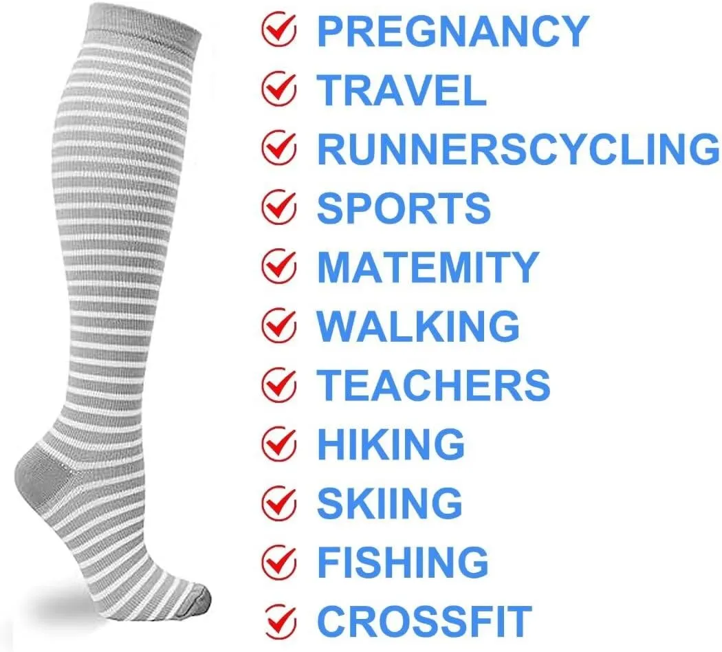 Double Couple 7 Pairs Copper Compression Socks for Men Women 20-30 mmHg Knee High Stockings