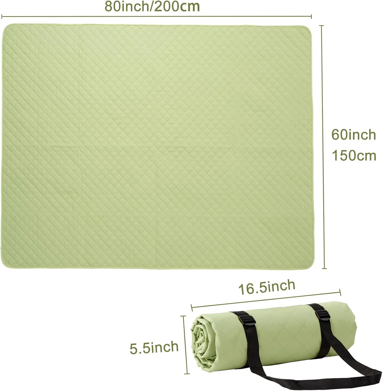 Double Sided Picnic Blanket with Storage Bag, 60'' x 80'' Waterproof Outdoor Blanket with Strap, Foldable Park Blanket for Picnic Camping Travel Beach, Machine Washable (Green)