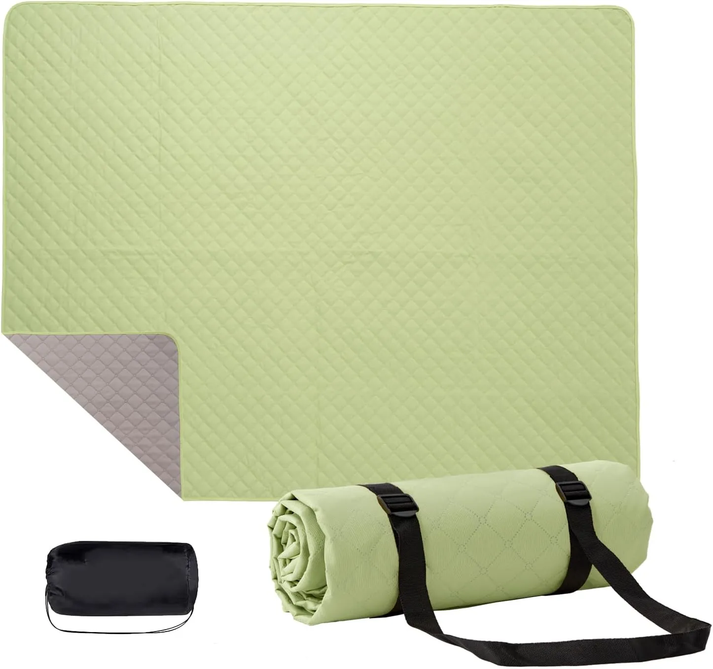 Double Sided Picnic Blanket with Storage Bag, 60'' x 80'' Waterproof Outdoor Blanket with Strap, Foldable Park Blanket for Picnic Camping Travel Beach, Machine Washable (Green)