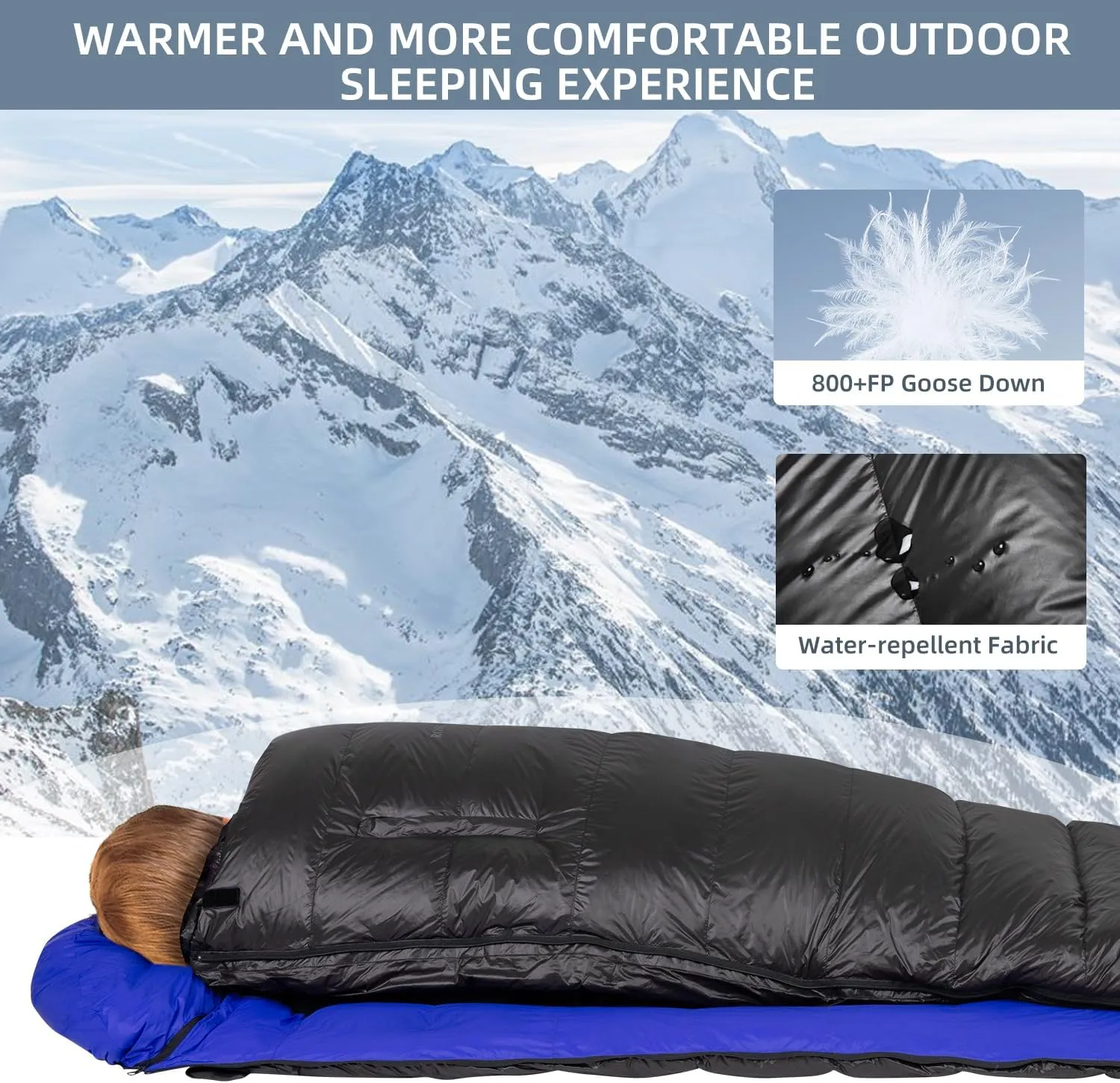 Down Camping Sleeping Bag 5 Degrees F -4 Season Waterproof Mummy Bag with Two Arm Holes,Fully Expanded as a Backpacking Quilt，Backpacking, Camping, Hiking and Other Outdoor Activities