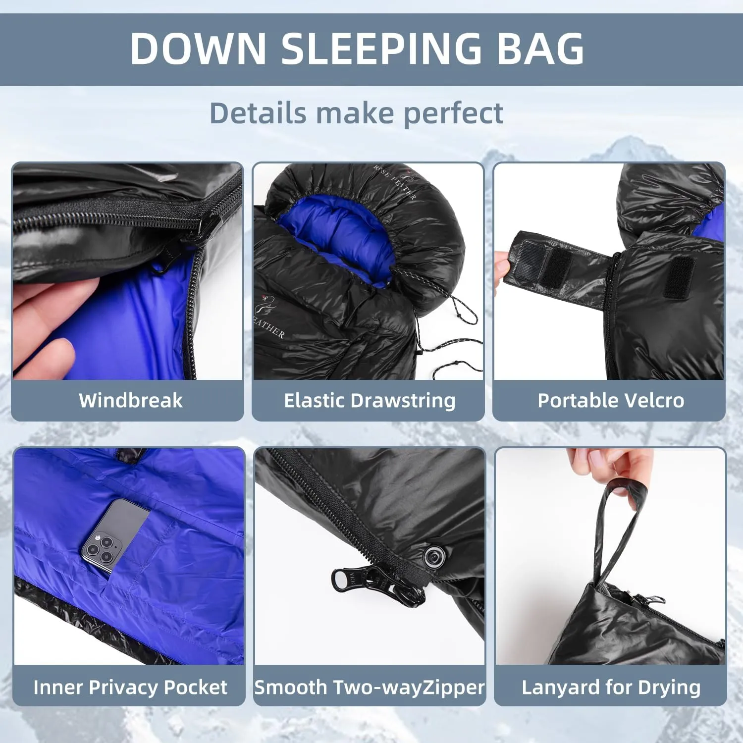 Down Camping Sleeping Bag 5 Degrees F -4 Season Waterproof Mummy Bag with Two Arm Holes,Fully Expanded as a Backpacking Quilt，Backpacking, Camping, Hiking and Other Outdoor Activities