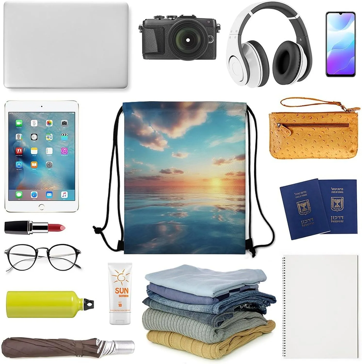 Drawstring Backpack Sport Gym Bag Water Resistant Sackpack Calm Ocean at The Sunset Cinch Bag String Bag for Outdoor, 35*42cm