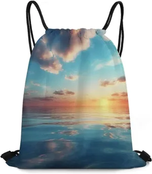 Drawstring Backpack Sport Gym Bag Water Resistant Sackpack Calm Ocean at The Sunset Cinch Bag String Bag for Outdoor, 35*42cm