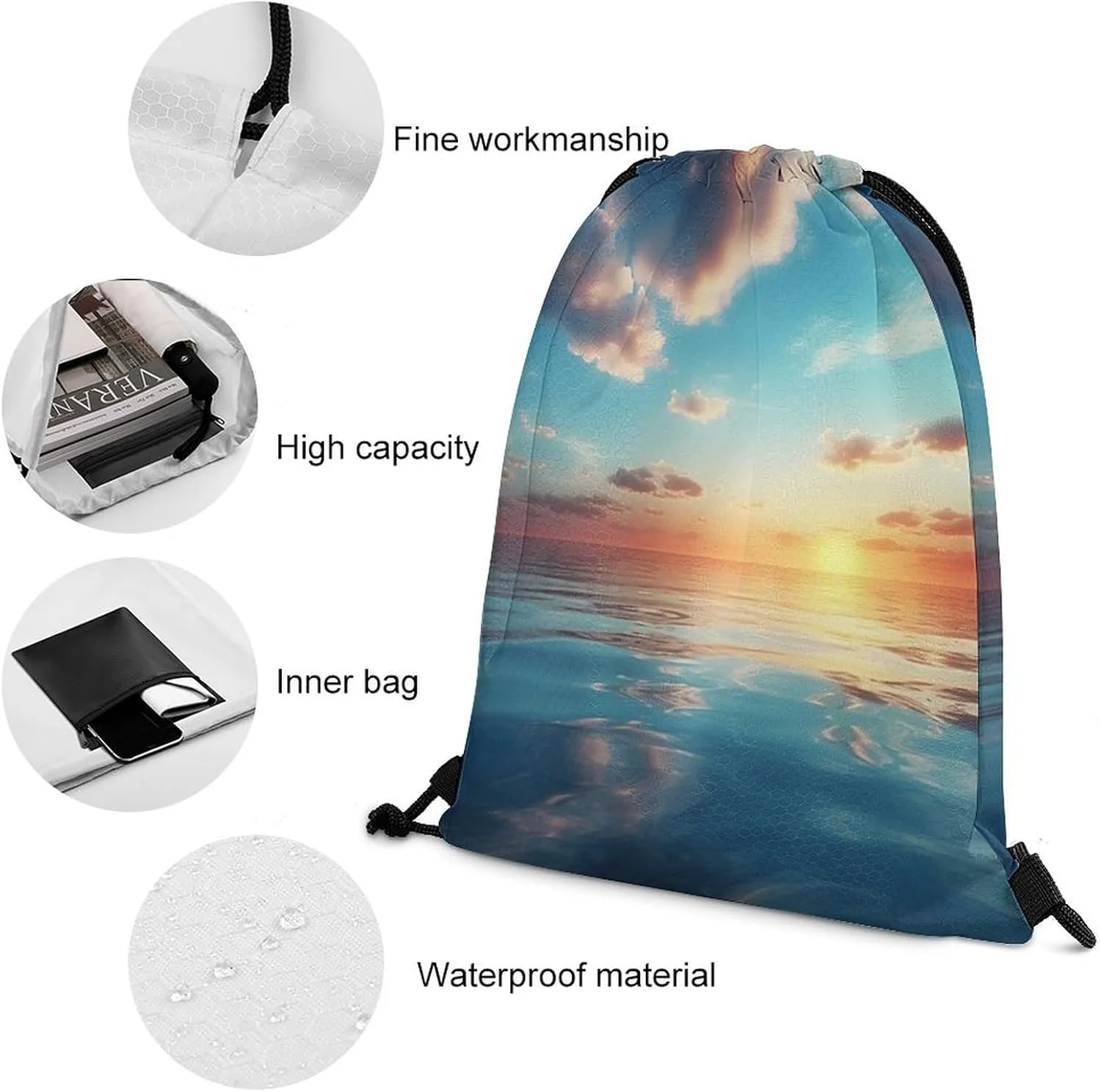 Drawstring Backpack Sport Gym Bag Water Resistant Sackpack Calm Ocean at The Sunset Cinch Bag String Bag for Outdoor, 35*42cm