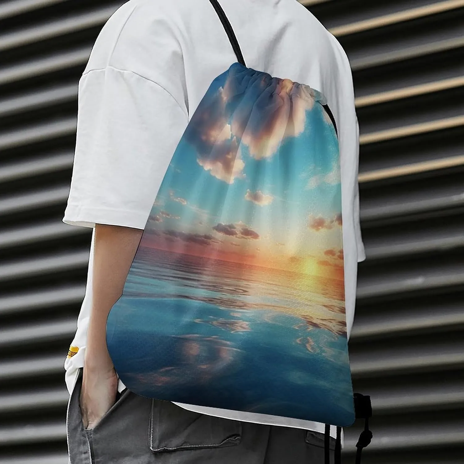 Drawstring Backpack Sport Gym Bag Water Resistant Sackpack Calm Ocean at The Sunset Cinch Bag String Bag for Outdoor, 35*42cm