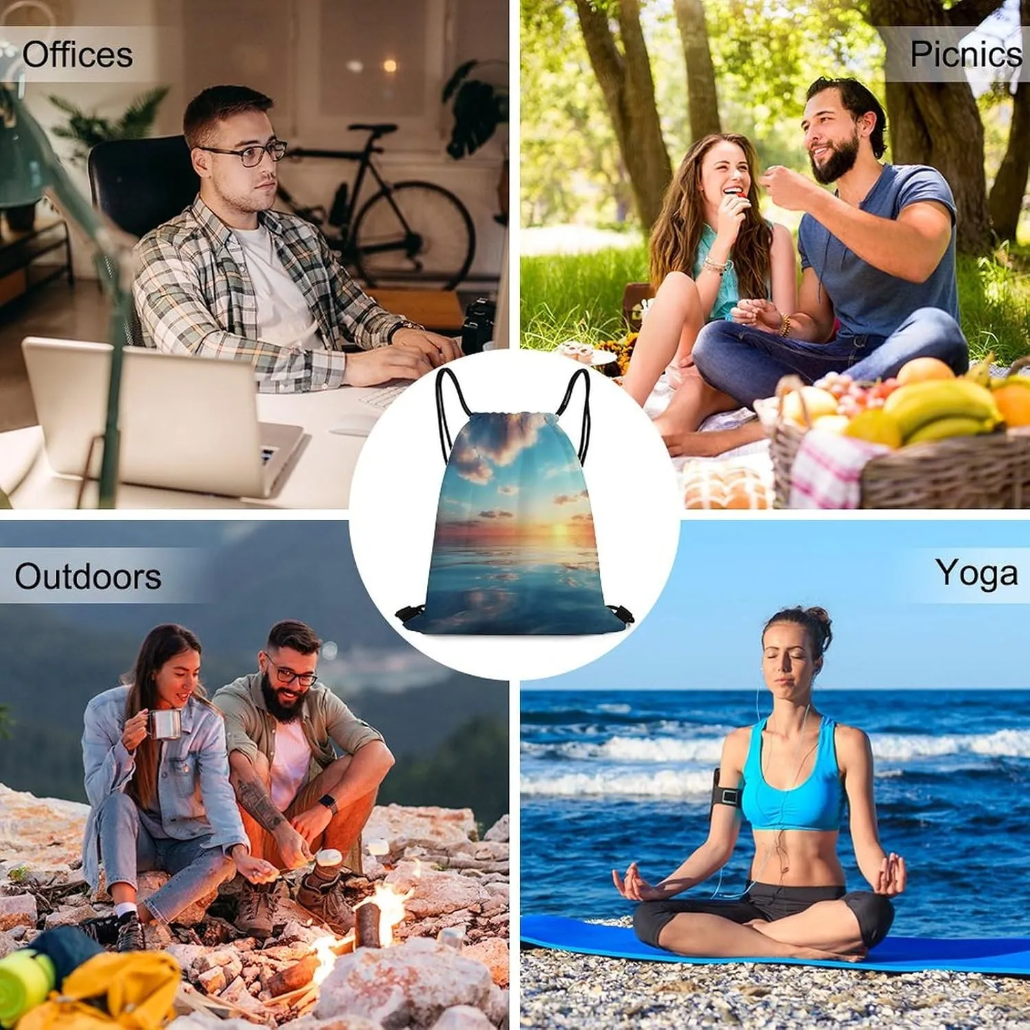 Drawstring Backpack Sport Gym Bag Water Resistant Sackpack Calm Ocean at The Sunset Cinch Bag String Bag for Outdoor, 35*42cm