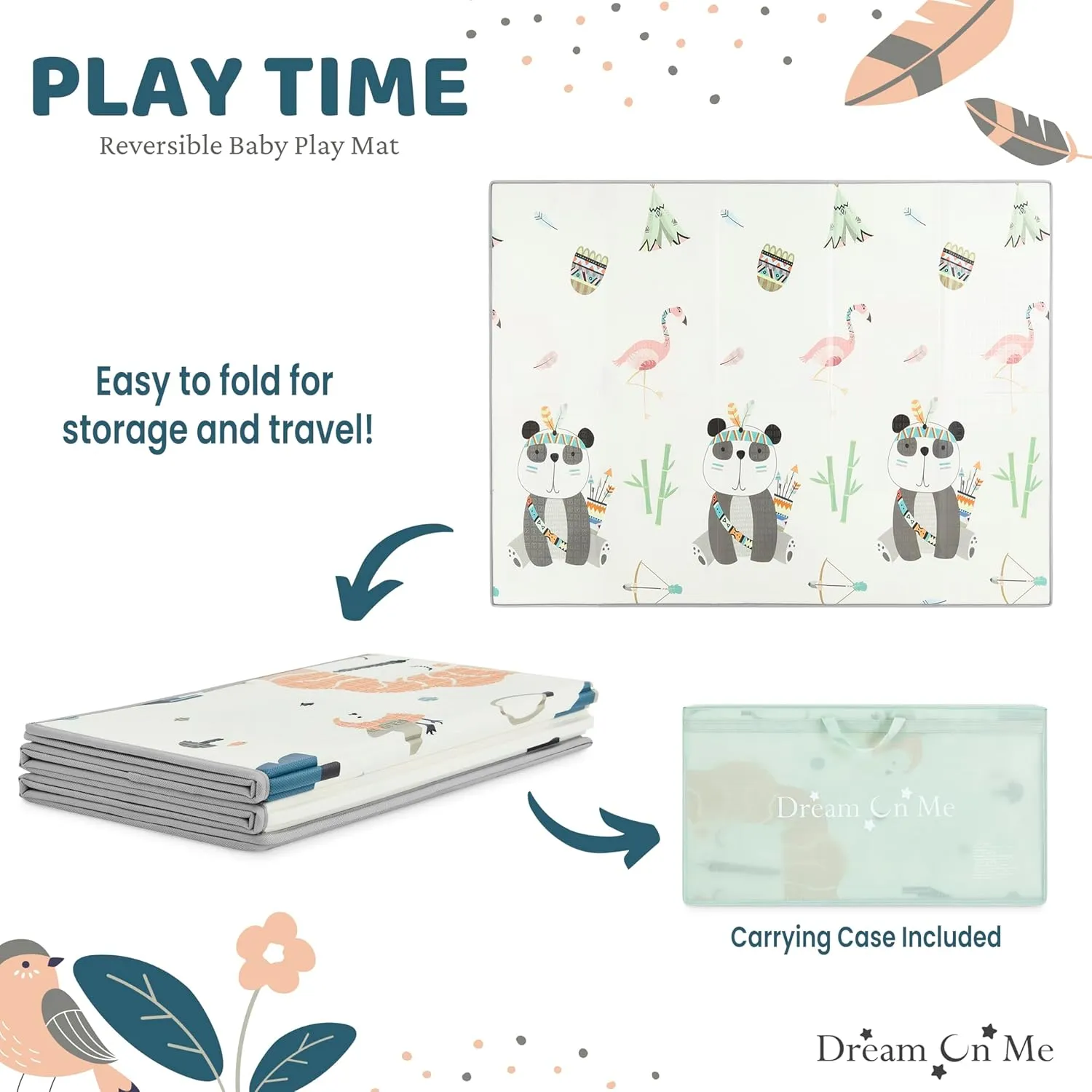 Dream On Me Play Time Reversible Baby Play Mat Foldable Extra Large Thick Foam Crawling Playmats for Toddlers Waterproof Portable Playmat , Goofy Den
