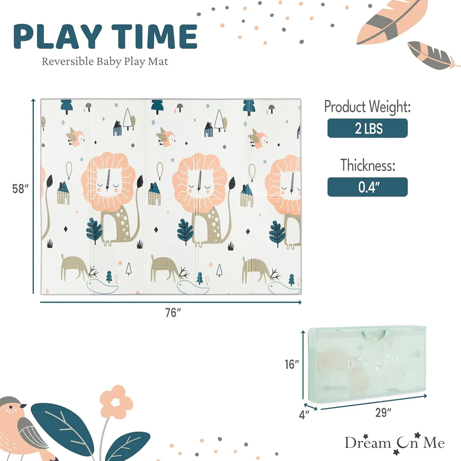 Dream On Me Play Time Reversible Baby Play Mat Foldable Extra Large Thick Foam Crawling Playmats for Toddlers Waterproof Portable Playmat , Goofy Den