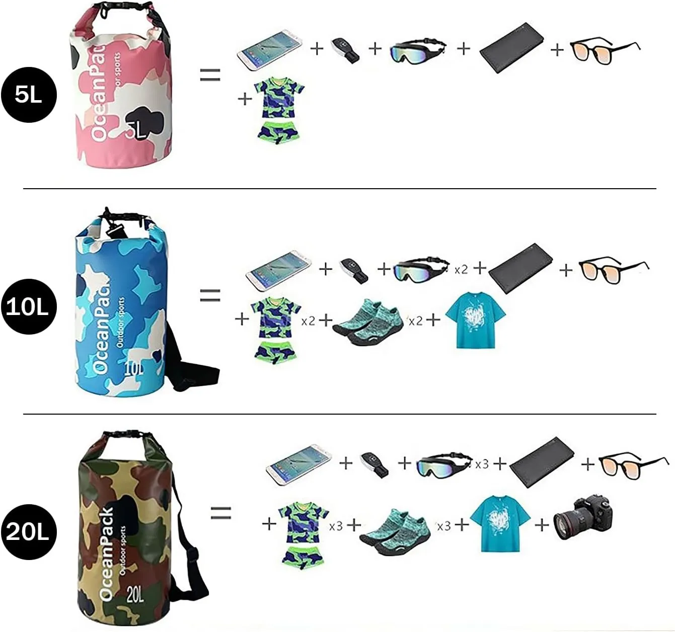 Dry Bag Waterproof for Women, 5L/10L/20L Roll Top Lightweight Dry Storage Bag Backpack for Travel, Swimming, Boating, Kayaking, Camping & Beach (PINK CAMO, 20L)