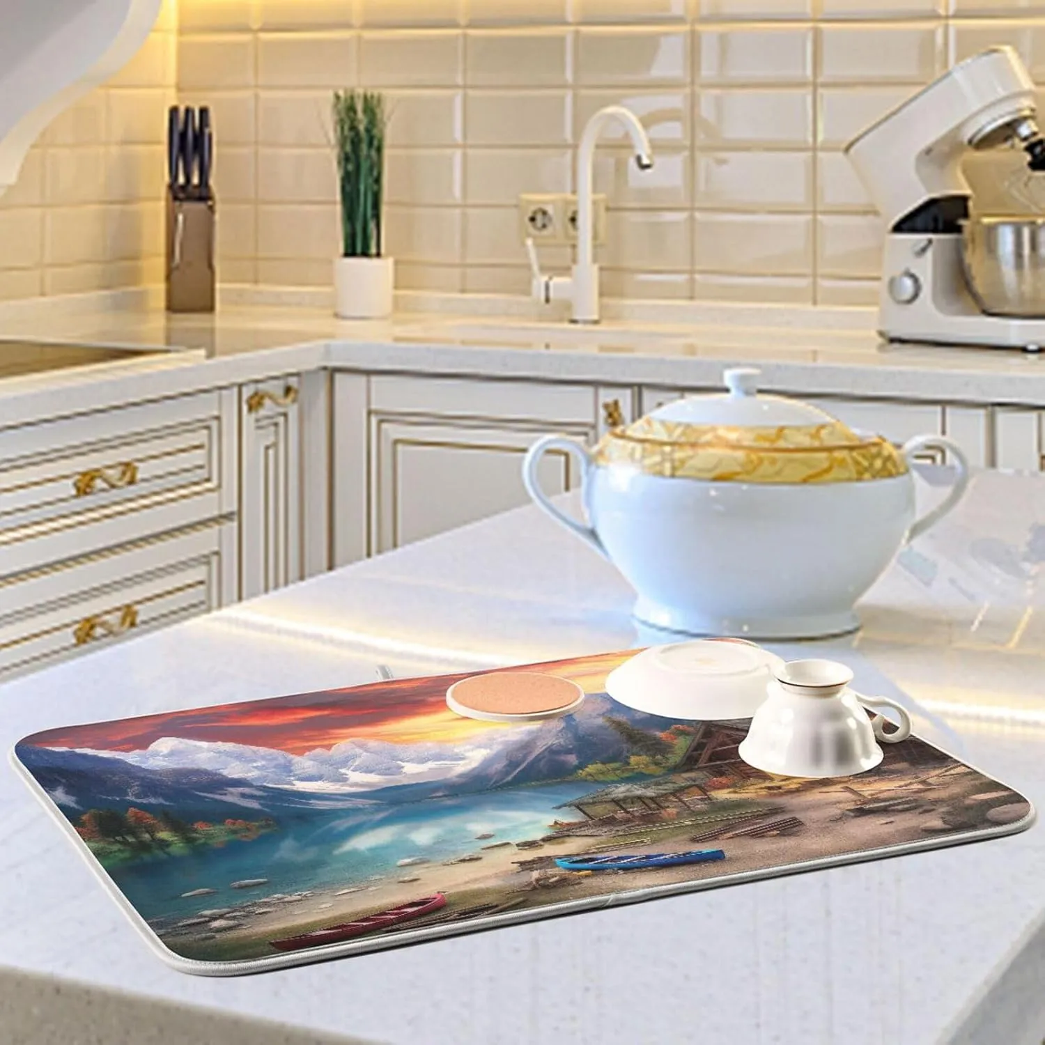 Drying Mat For Kitchen Counter 18" X 24" Microfiber Absorbent Lake Mountains Sightseeing Placemat for Heat-Resistant Kitchen Countertops 21215365