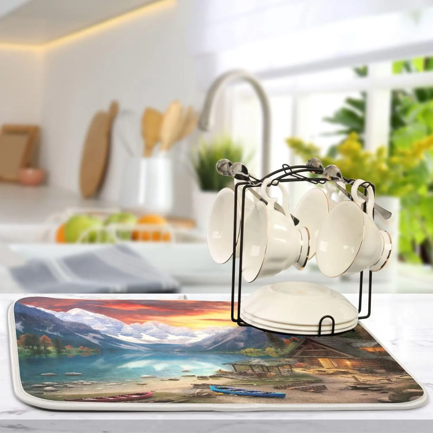 Drying Mat For Kitchen Counter 18" X 24" Microfiber Absorbent Lake Mountains Sightseeing Placemat for Heat-Resistant Kitchen Countertops 21215365