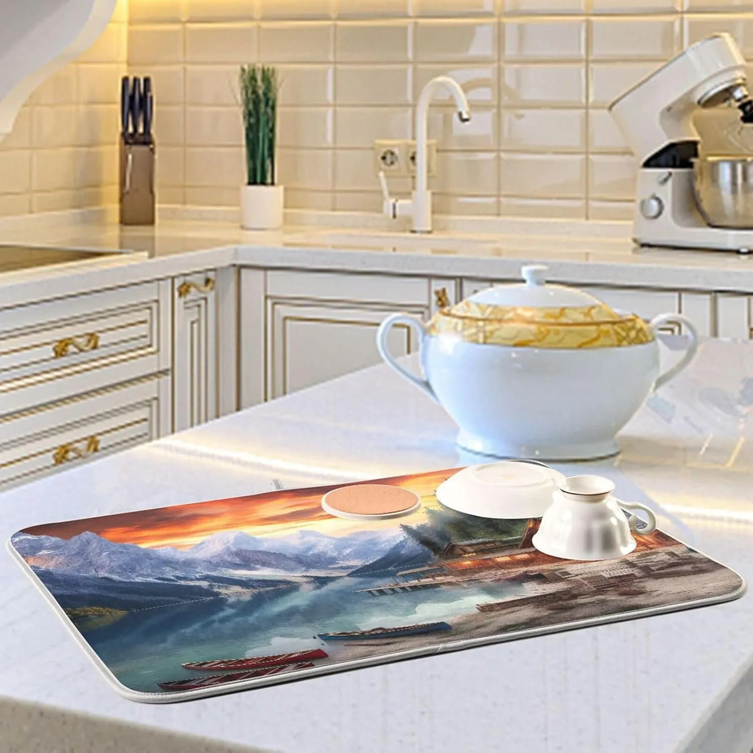 Drying Mat For Kitchen Counter 18" X 24" Microfiber Absorbent Lake Mountains Sightseeing Placemat for Heat-Resistant Kitchen Countertops 21215366