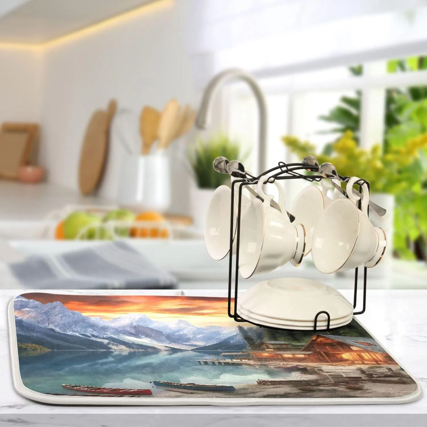 Drying Mat For Kitchen Counter 18" X 24" Microfiber Absorbent Lake Mountains Sightseeing Placemat for Heat-Resistant Kitchen Countertops 21215366