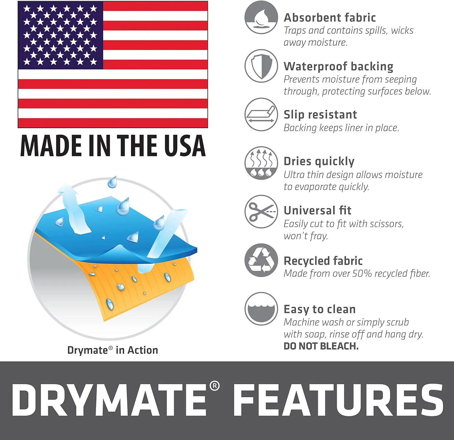 Drymate Premium Luxury Shelf & Drawer Liner, Thick Cushioned Fabric, Non-Adhesive, Absorbent, Waterproof, Slip-Resistant, Liners for Kitchen Cabinets, Cupboards (USA Made)(12”x59”)(2-Pack)(Light Grey)