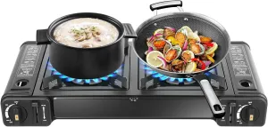 Dual-Burner Butane Stove with Grill Tray, Portable Camping Stove with Carry Case & Push-Button Starter for Home Cooking, RV, Apartment, Outdoor, Camping, Tailgating, & More(Butane Not Included)