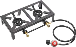 dual Portable Double Burner Outdoor Gas Stove, Propane Cooker with Adjustable 0-10Psi Regulator Hose for Patio Camping, BBQ, Home Brewing, Turkey Fry, Maple Syrup Prep with 3.9ft hose