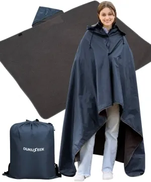 DUKUSEEK Outdoor Waterproof Stadium Blanket with Hood, Windproof Camping Blankets for Cold Weather, Sports, Yard, Soccer, Large Warm Fleece All Weather Blankets,Navy Blue 78"x56"