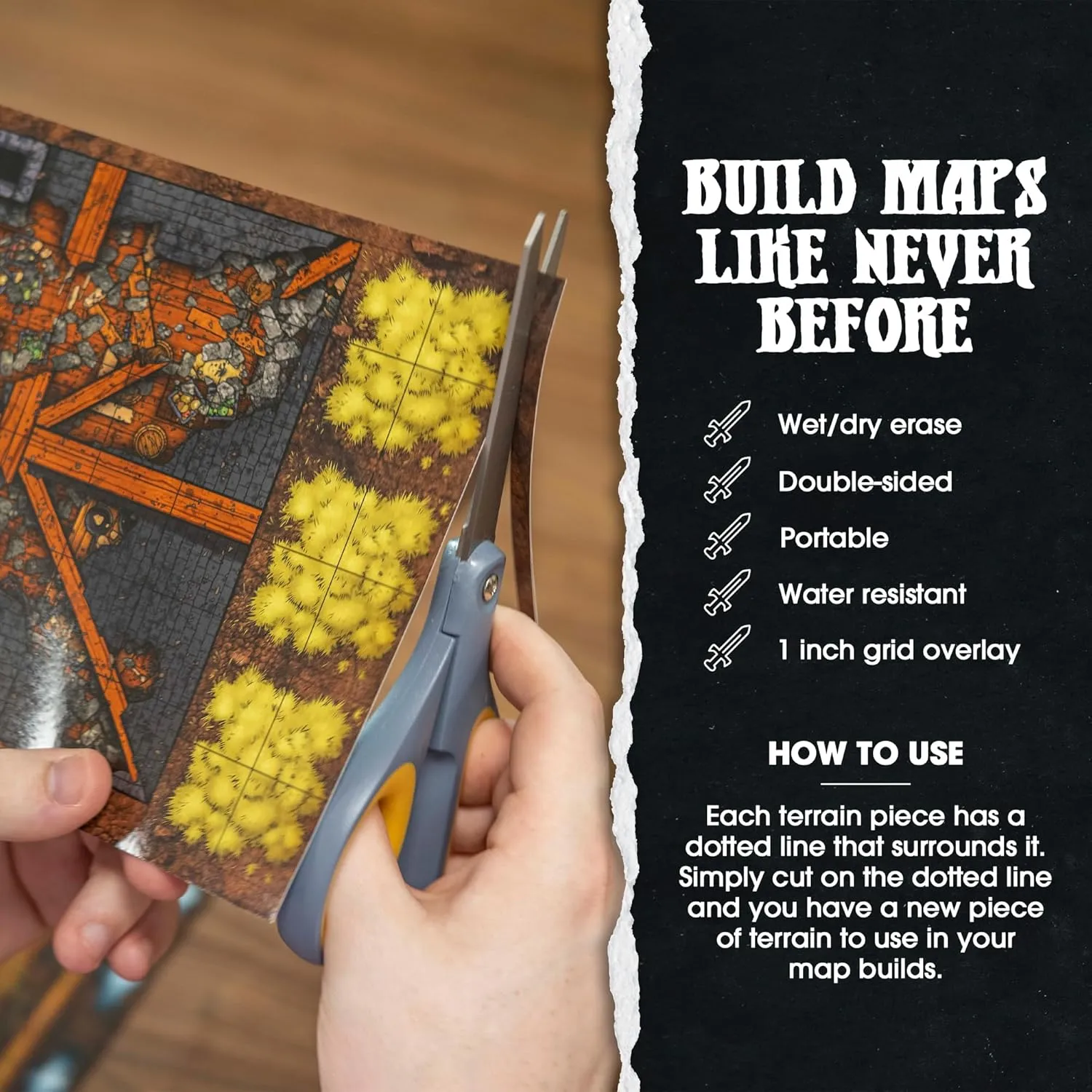 DUNGEON CRAFT Volume 2 Game, Hundreds of Terrain Pieces, Cut Place Play, Build Interactive Maps, Double-Sided & Water-Resistant, Portable 1 Inch Grid Overlay, Works with Wet Dry Erasers