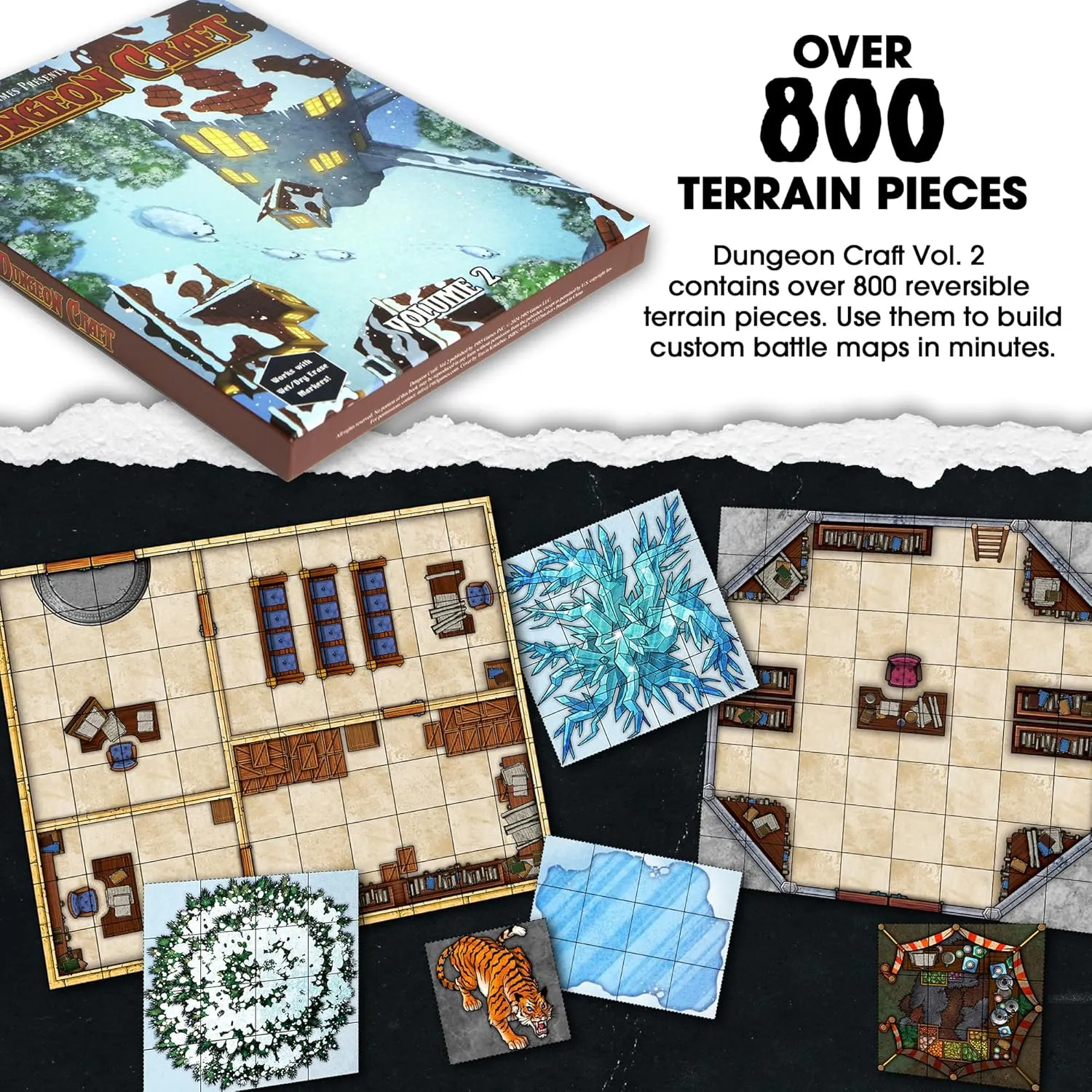 DUNGEON CRAFT Volume 2 Game, Hundreds of Terrain Pieces, Cut Place Play, Build Interactive Maps, Double-Sided & Water-Resistant, Portable 1 Inch Grid Overlay, Works with Wet Dry Erasers