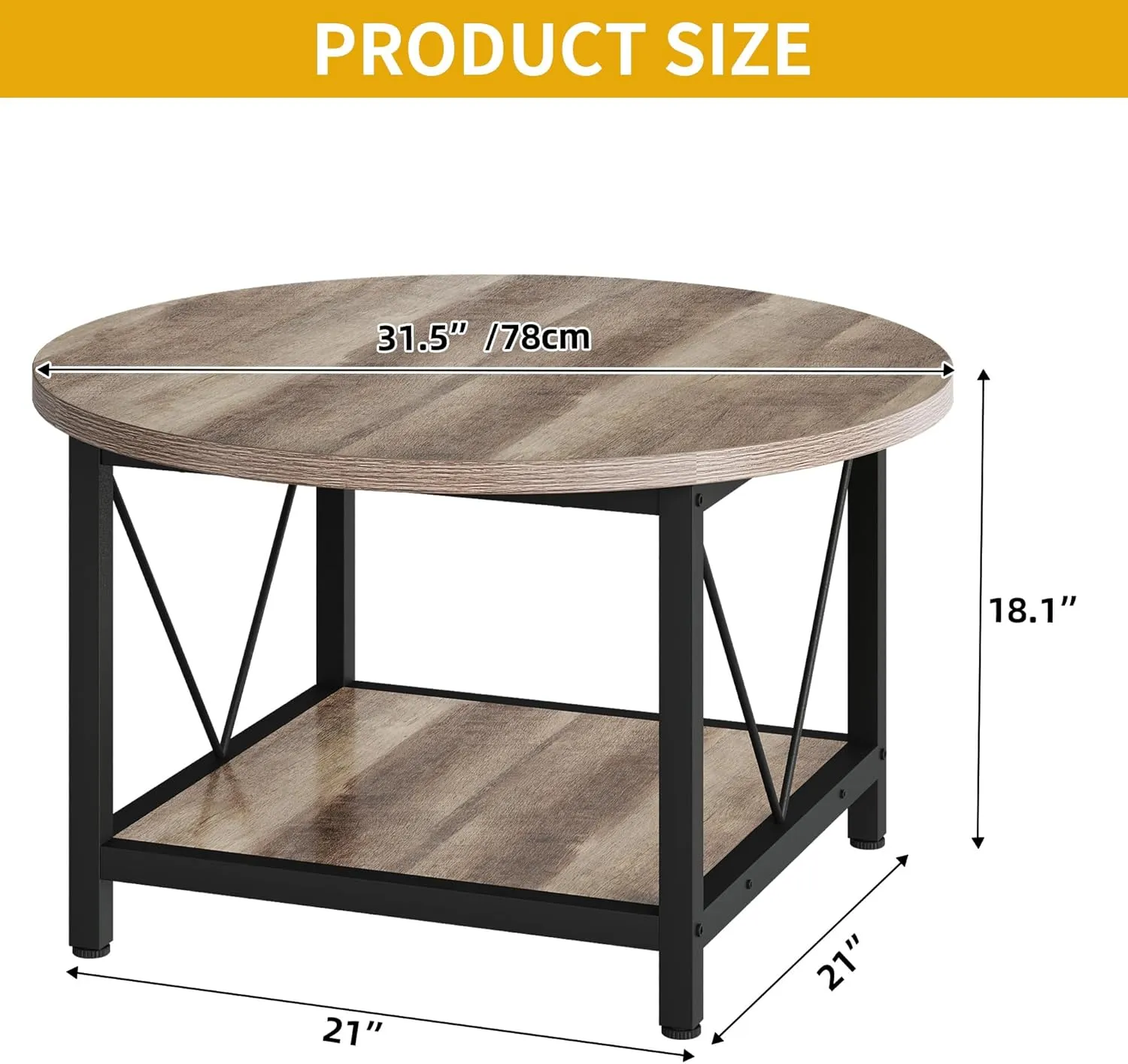 DWVO Round Coffee Tables for Living Room, Small 2 Tier Circle Coffee Table with Storage Open Shelf, Rustic Wooden Coffee Tables with Metal Frame Farmhouse Round Coffee Table for Home Office, Grey Wash