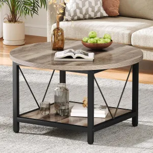 DWVO Round Coffee Tables for Living Room, Small 2 Tier Circle Coffee Table with Storage Open Shelf, Rustic Wooden Coffee Tables with Metal Frame Farmhouse Round Coffee Table for Home Office, Grey Wash
