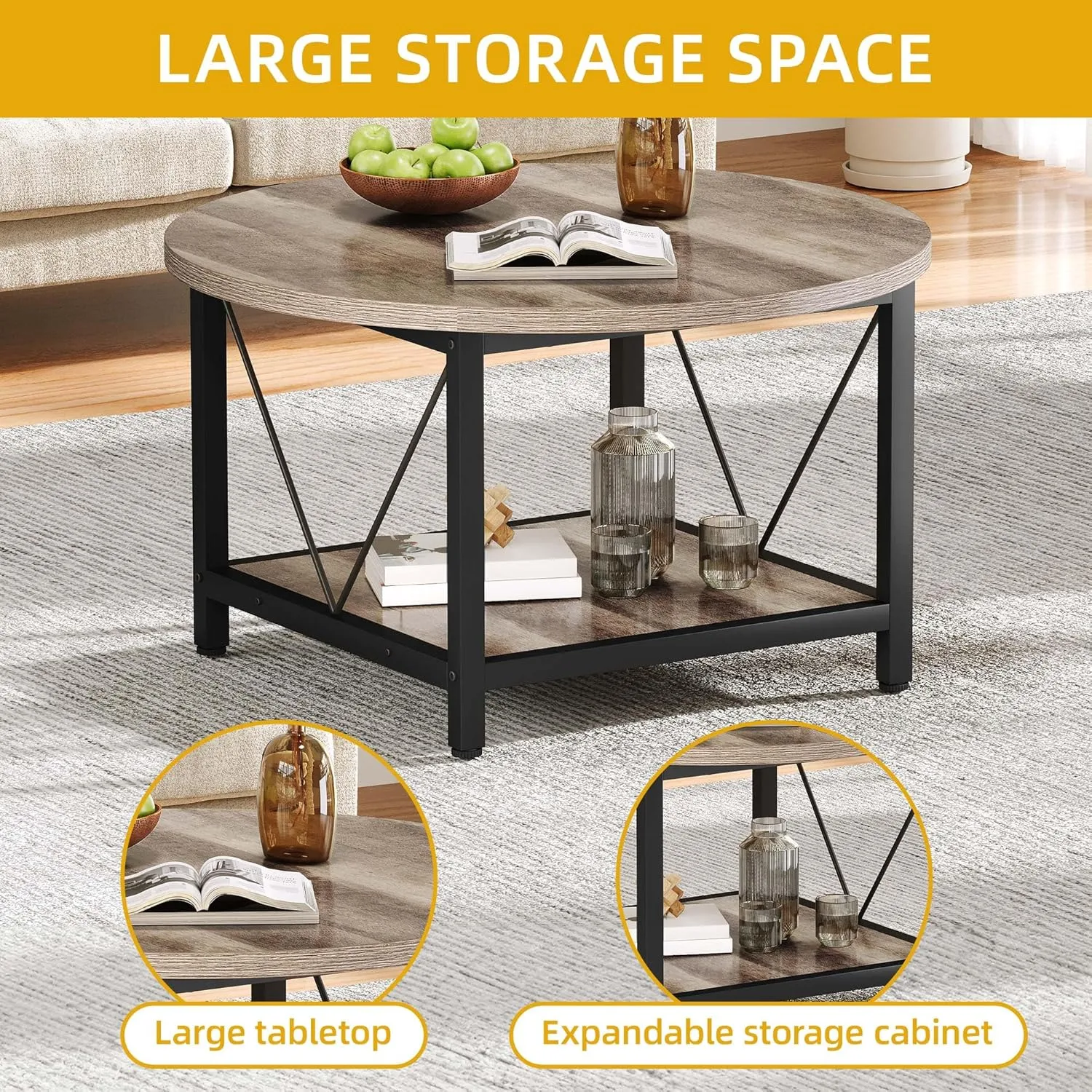 DWVO Round Coffee Tables for Living Room, Small 2 Tier Circle Coffee Table with Storage Open Shelf, Rustic Wooden Coffee Tables with Metal Frame Farmhouse Round Coffee Table for Home Office, Grey Wash