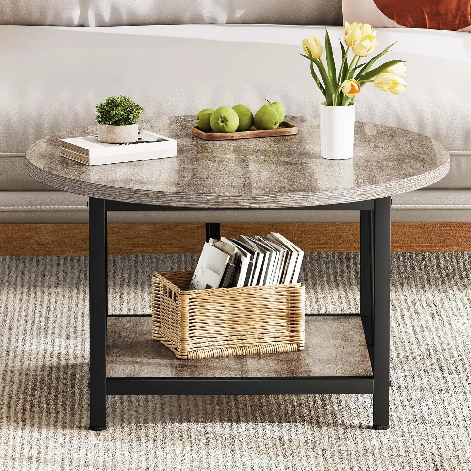 DWVO Round Coffee Tables for Living Room, Small 2 Tier Circle Coffee Table with Storage Open Shelf, Rustic Wooden Coffee Tables with Metal Frame Farmhouse Round Coffee Table for Home Office, Grey Wash