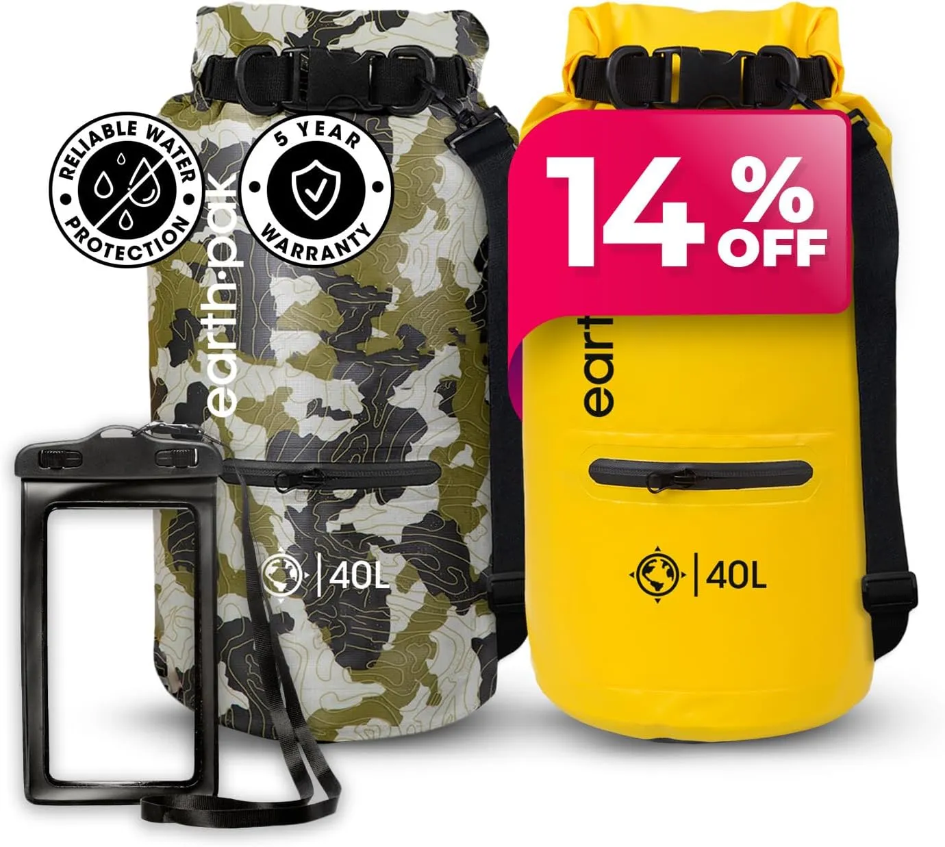 Earth Pak Waterproof Dry Bag with Zippered Pocket - Waterproof Dry Bag Backpack Keeps Gear Dry for Boating, Camping, Fishing, Beach Drybag, Kayak Accessories - Dry Bags Waterproof with Phone Case