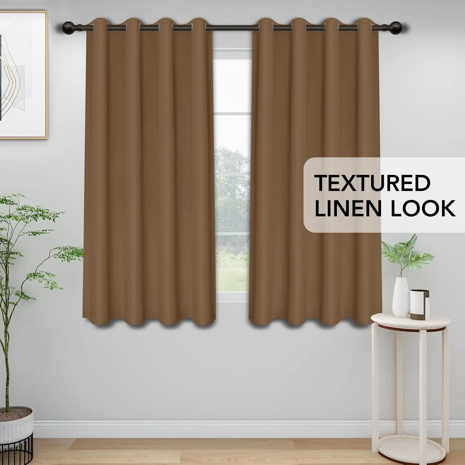 Easy-Going Linen Look Blackout Curtain 84 Inch Length Grommet Window Curtain Drapes for Bedroom, Living Room Thermal Insulated Room Darkening (Set of 2 Panels, Brown)