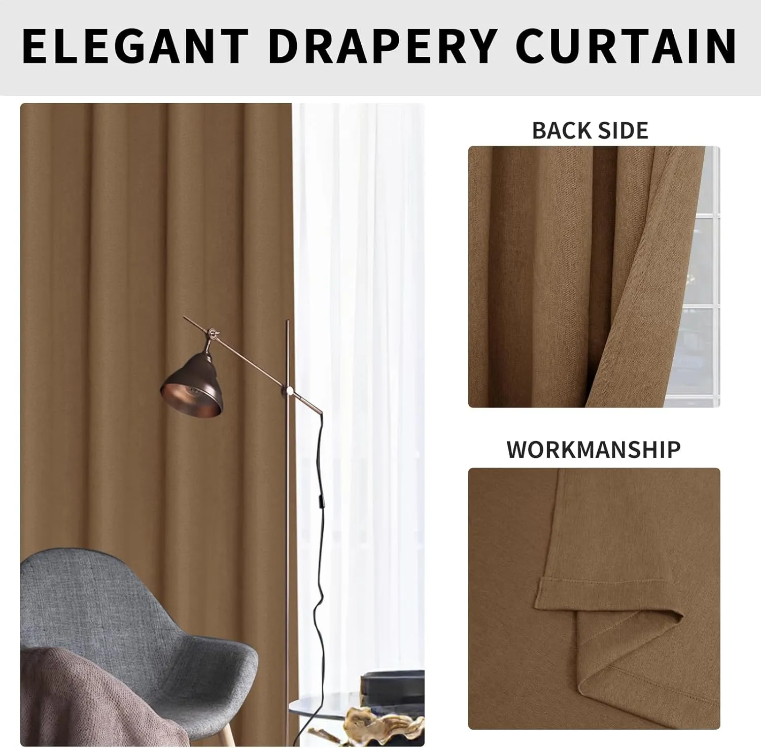 Easy-Going Linen Look Blackout Curtain 84 Inch Length Grommet Window Curtain Drapes for Bedroom, Living Room Thermal Insulated Room Darkening (Set of 2 Panels, Brown)