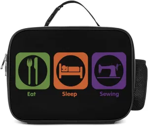 Eat Sleep Sewing Insulated Lunch Bag to-Go Meal Box Container Tote with Detachable Buckled Handle