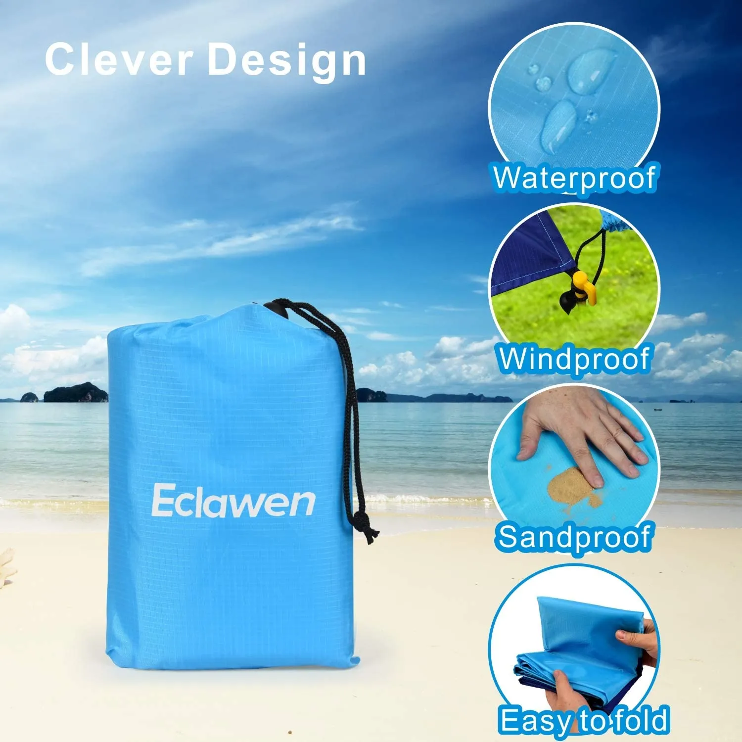 Eclawen Beach Blanket, Oversized 82" X79" Waterproof Beach Mat for 4-7 Persons, Lightweight Quick Drying Heat Resistant Outdoor Picnic Blanket for Camping, Travel, Hiking & Music Festivals