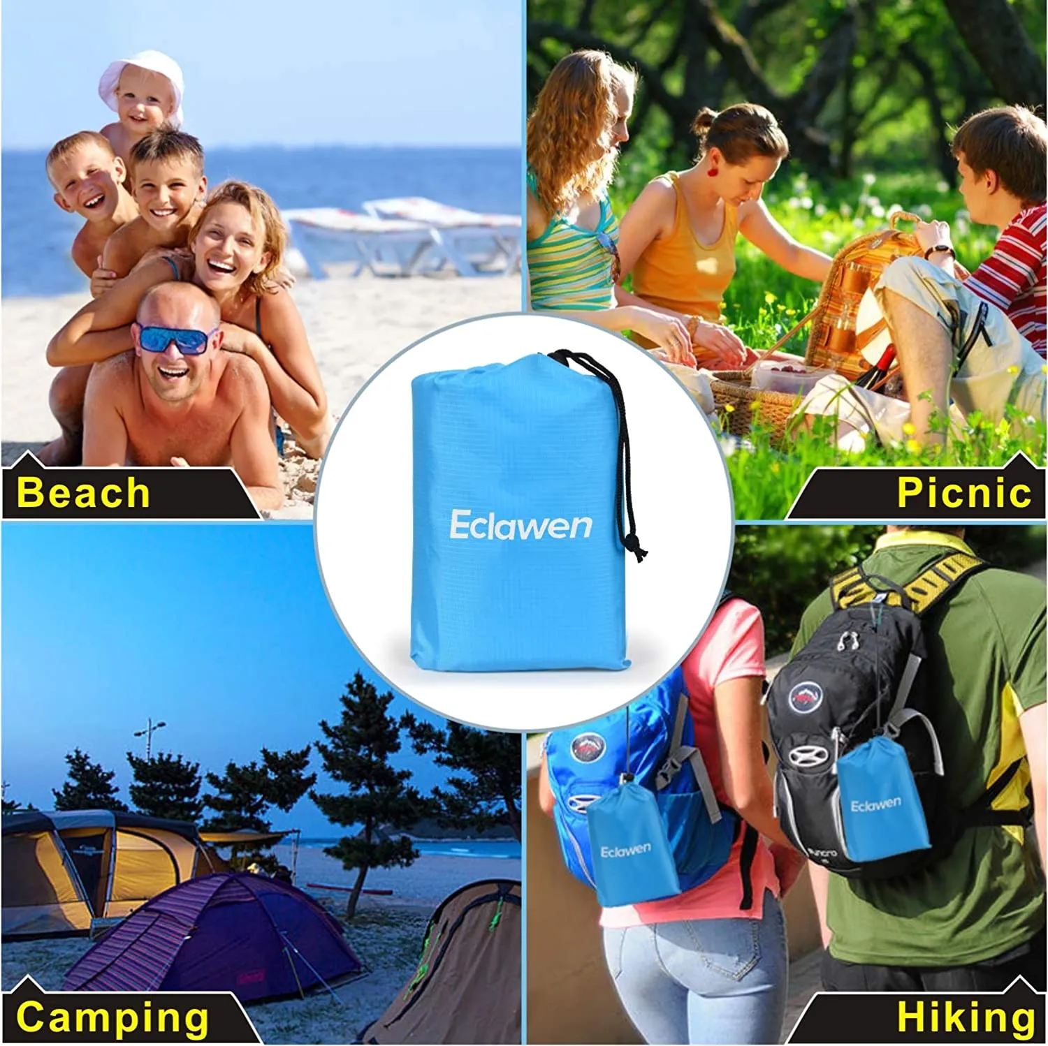 Eclawen Beach Blanket, Oversized 82" X79" Waterproof Beach Mat for 4-7 Persons, Lightweight Quick Drying Heat Resistant Outdoor Picnic Blanket for Camping, Travel, Hiking & Music Festivals