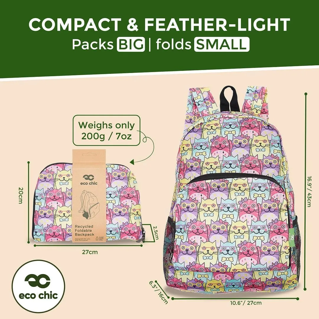 ECO CHIC Hiking Lightweight Packable Backpack - Foldable Daypack for Travel & Hiking & Outdoor Adventures - Waterproof Backpack from Recycled Materials (Glasses Cats Multiple)