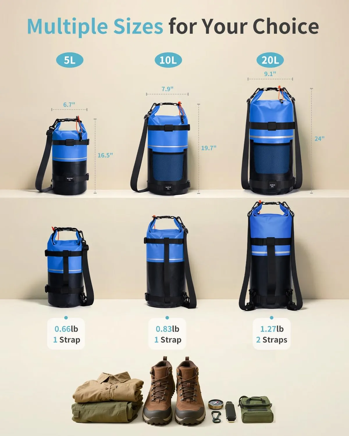 ECOHUB Waterproof Dry Bag for Women Men, 5L/10L/20L Roll Top Lightweight Dry Storage Bag Backpack for Travel Kayaking Hiking Floating with Waterproof Phone Case