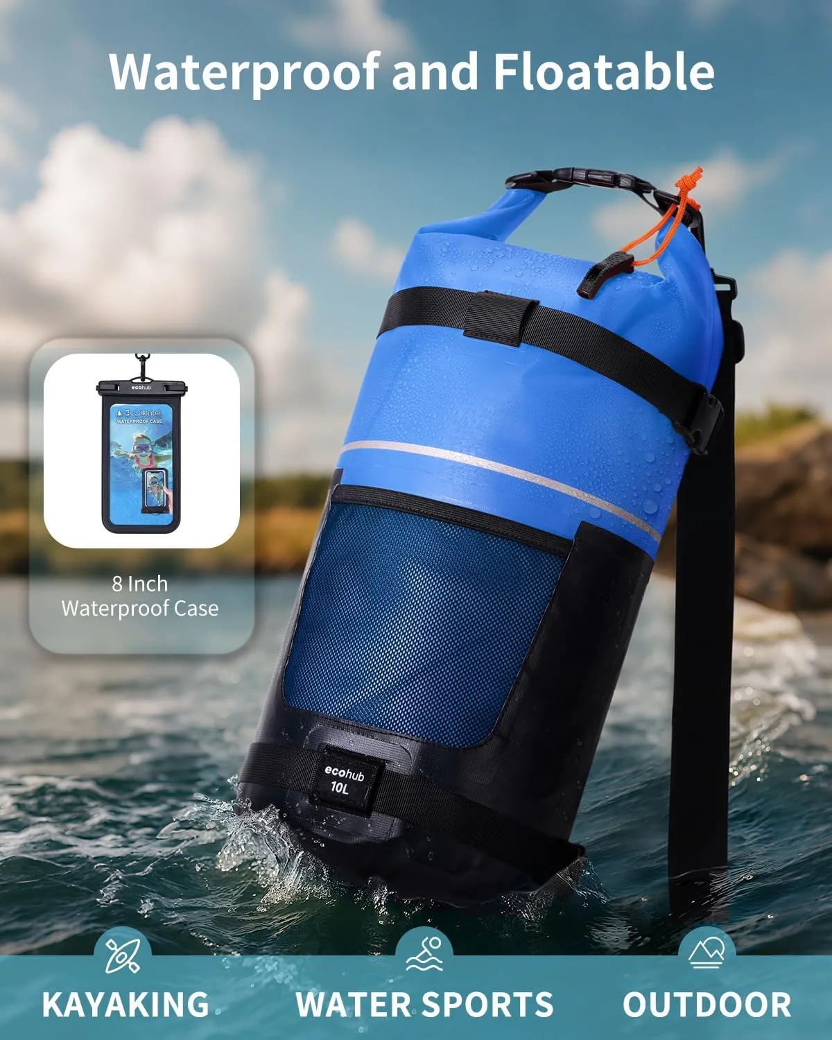 ECOHUB Waterproof Dry Bag for Women Men, 5L/10L/20L Roll Top Lightweight Dry Storage Bag Backpack for Travel Kayaking Hiking Floating with Waterproof Phone Case