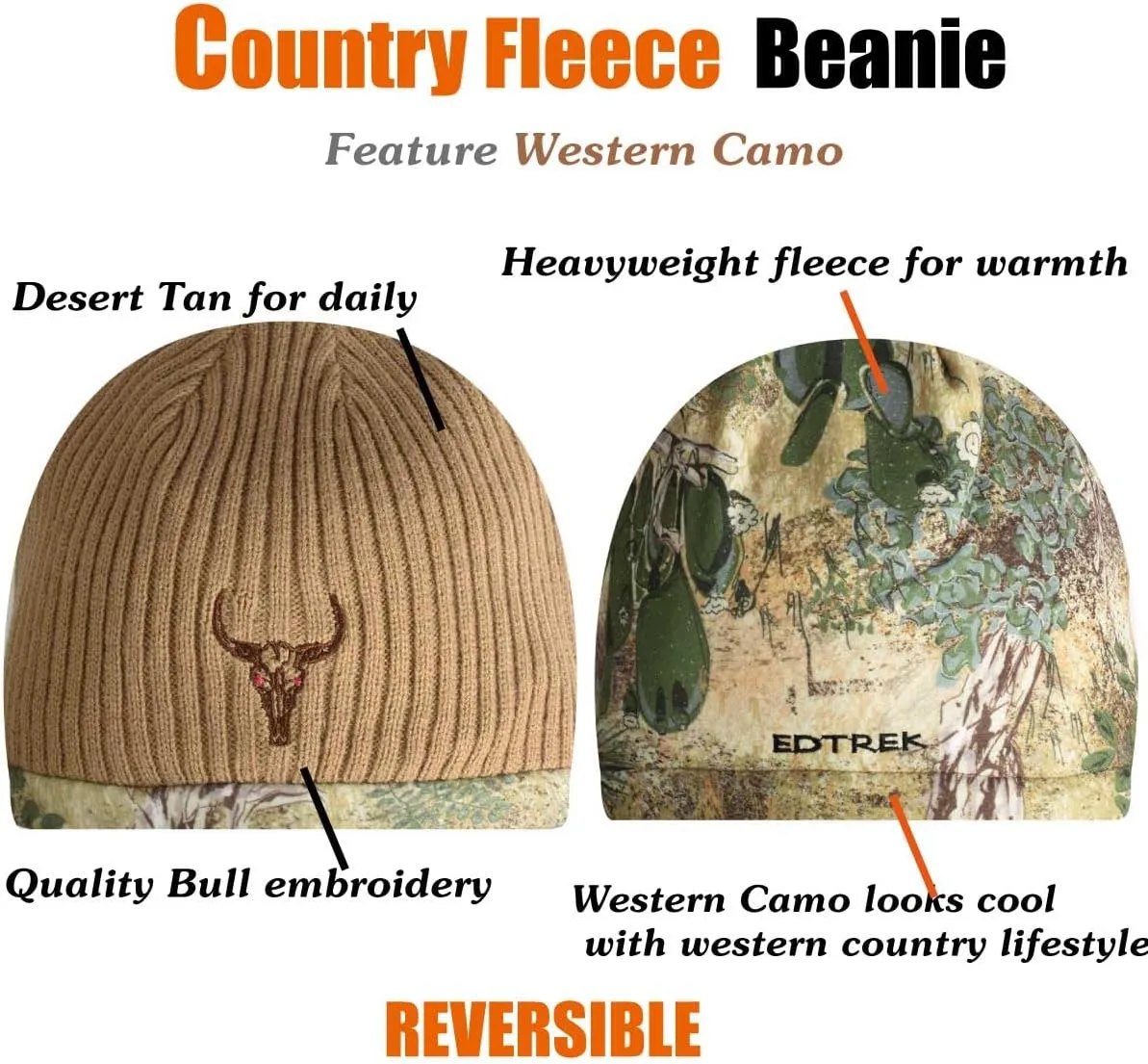 EDTREK Reversible Windproof Fleece Beanie Hat - Warm Winter Hat for Hunting Fishing Camping in Cold Weather