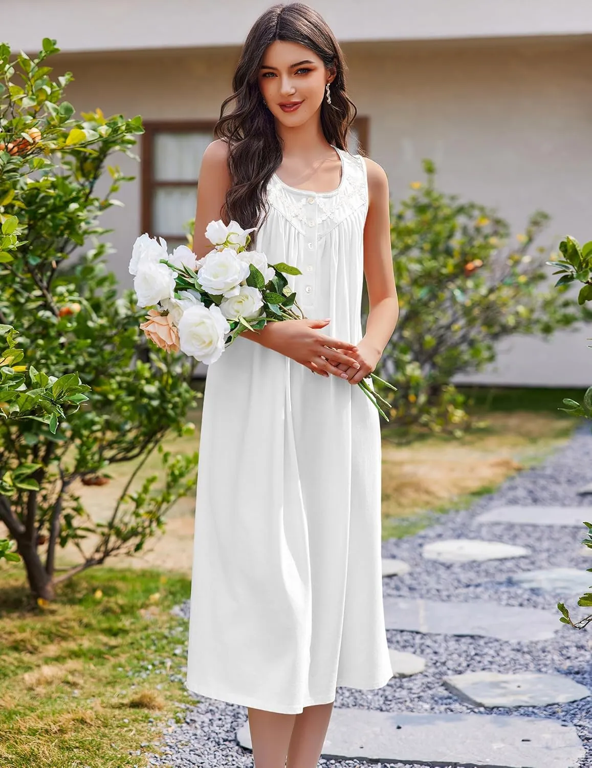Ekouaer Nightgowns for Women Cotton Long Night Gown Sleeveless Sleep Dress Victorian Nightdress Ladies Sleepwear S-XXXL
